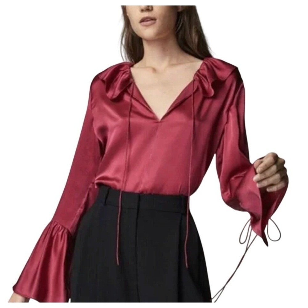 NWT Massimo Dutti Womens Magenta Silk Ruffle Collar Bell Sleeve Blouse Top S